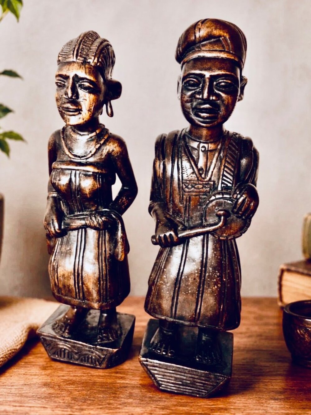 Vintage Hand Carved African Tribal Wood Sculptures Pair 19.25” Folk Art
